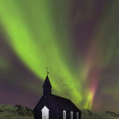 Aurora Borealis, Búðir Church, Snæfellsnes Peninsula, Iceland