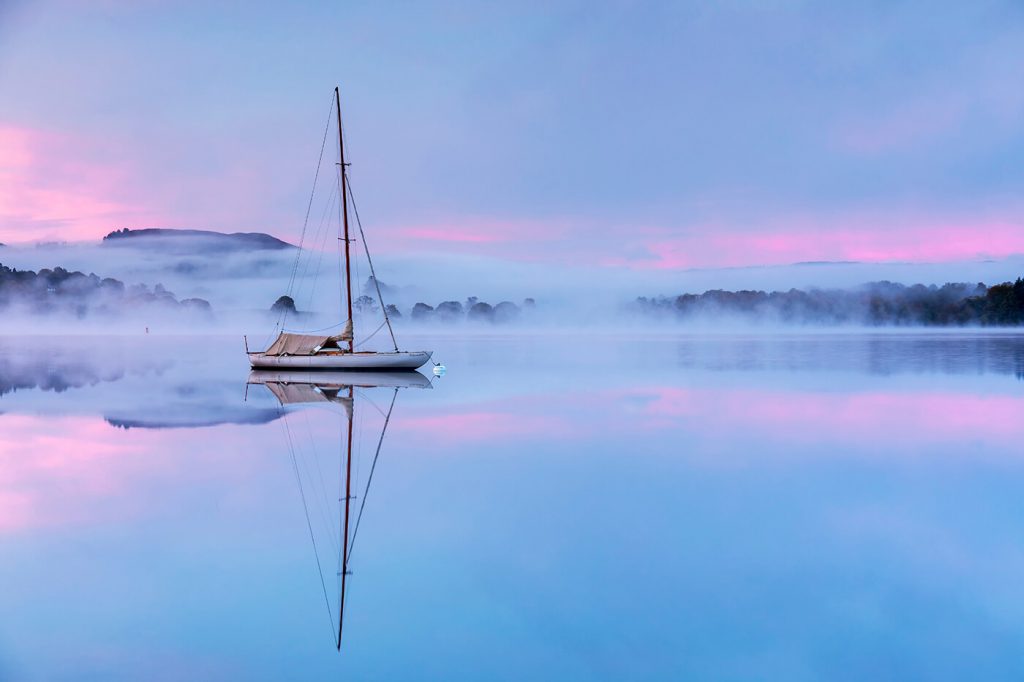 Sailing Boat, Misty Morning, Waterhead, Windermere, Lake District