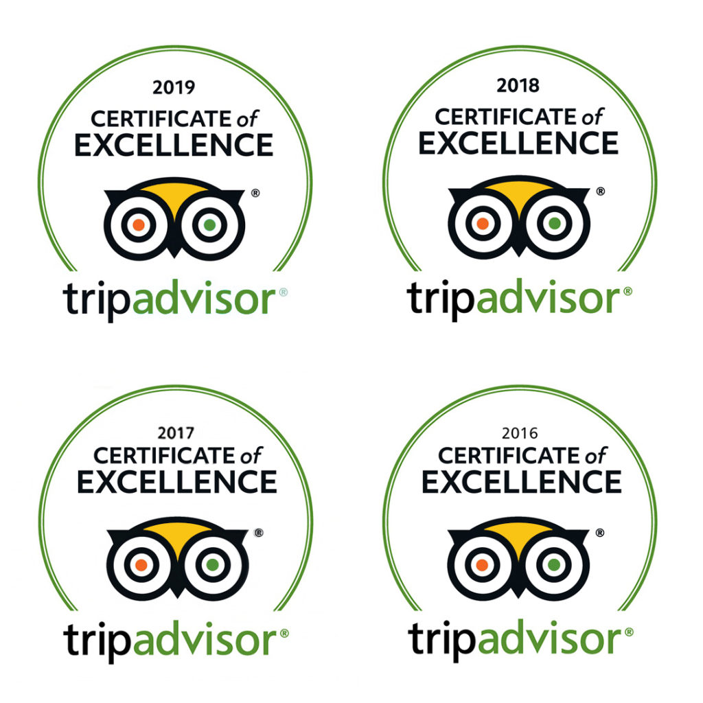 Tripadvisor 2016, 2017, 2018, 2019 Certificate of Excellence