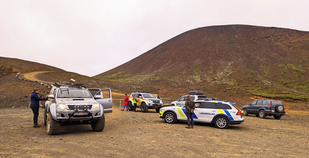 Emergency vehicles at the start of Path D at Car Park 2, Fagradalsfjall, Iceland